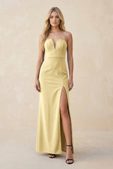 Strapless Sheath Satin Bridesmaid Dress With Slit in Pastel Yellow - KISS BRIDAL Bridesmaid Dresses