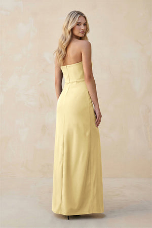 Strapless Sheath Satin Bridesmaid Dress With Slit in Pastel Yellow - KISS BRIDAL Bridesmaid Dresses