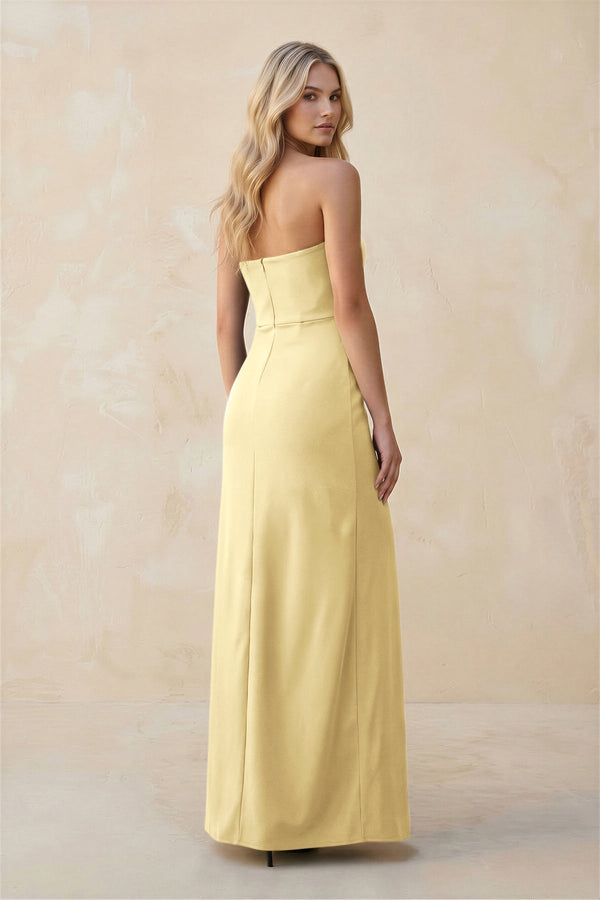 Strapless Sheath Satin Bridesmaid Dress With Slit in Pastel Yellow - KISS BRIDAL Bridesmaid Dresses