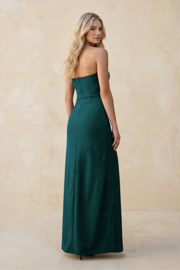 Strapless Sheath Satin Bridesmaid Dress With Slit in Pine - KISS BRIDAL Bridesmaid Dresses