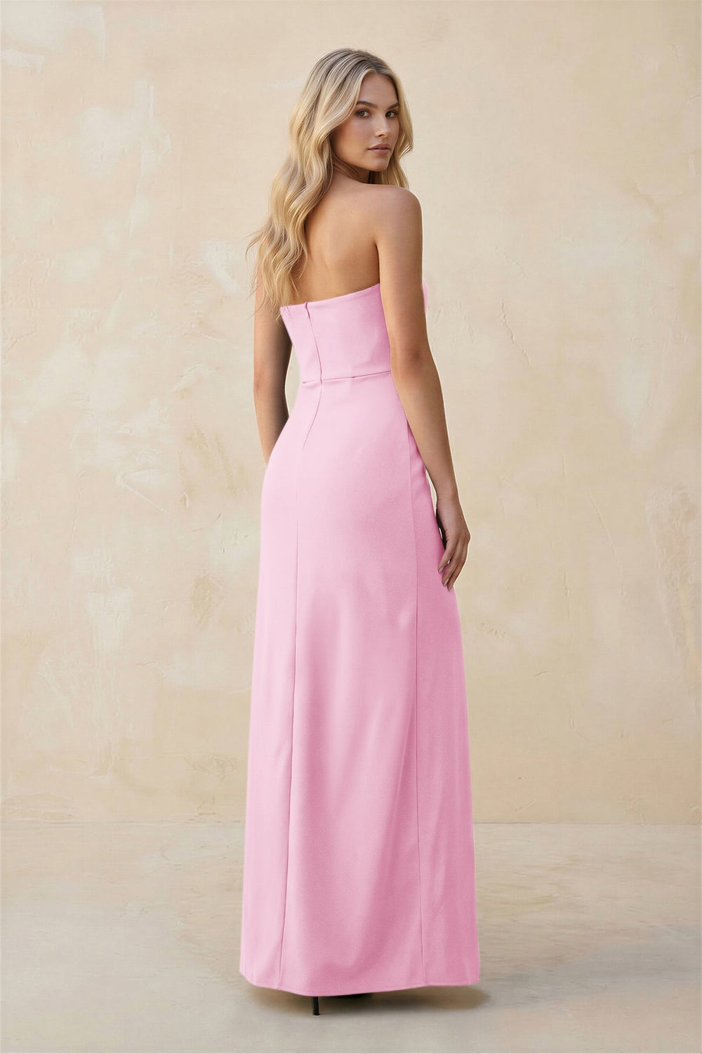 Strapless Sheath Satin Bridesmaid Dress With Slit in Pink - KISS BRIDAL Bridesmaid Dresses