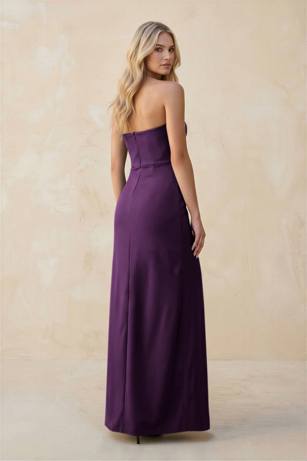 Strapless Sheath Satin Bridesmaid Dress With Slit in Plum - KISS BRIDAL Bridesmaid Dresses