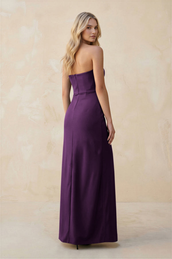 Strapless Sheath Satin Bridesmaid Dress With Slit in Plum - KISS BRIDAL Bridesmaid Dresses