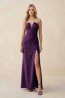 Strapless Sheath Satin Bridesmaid Dress With Slit in Plum - KISS BRIDAL Bridesmaid Dresses