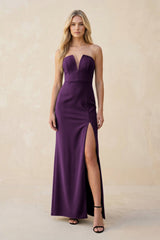 Strapless Sheath Satin Bridesmaid Dress With Slit in Plum - KISS BRIDAL Bridesmaid Dresses