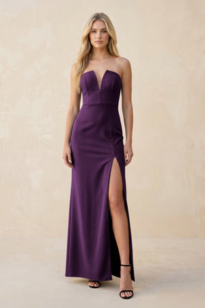 Strapless Sheath Satin Bridesmaid Dress With Slit in Plum - KISS BRIDAL Bridesmaid Dresses
