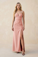 Strapless Sheath Satin Bridesmaid Dress With Slit in Rose Petal - KISS BRIDAL Bridesmaid Dresses