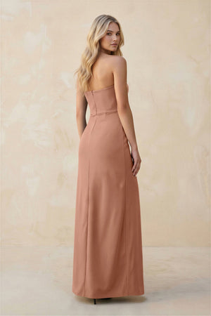Strapless Sheath Satin Bridesmaid Dress With Slit in Rosette - KISS BRIDAL Bridesmaid Dresses