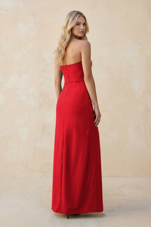 Strapless Sheath Satin Bridesmaid Dress With Slit in Ruby Red - KISS BRIDAL Bridesmaid Dresses