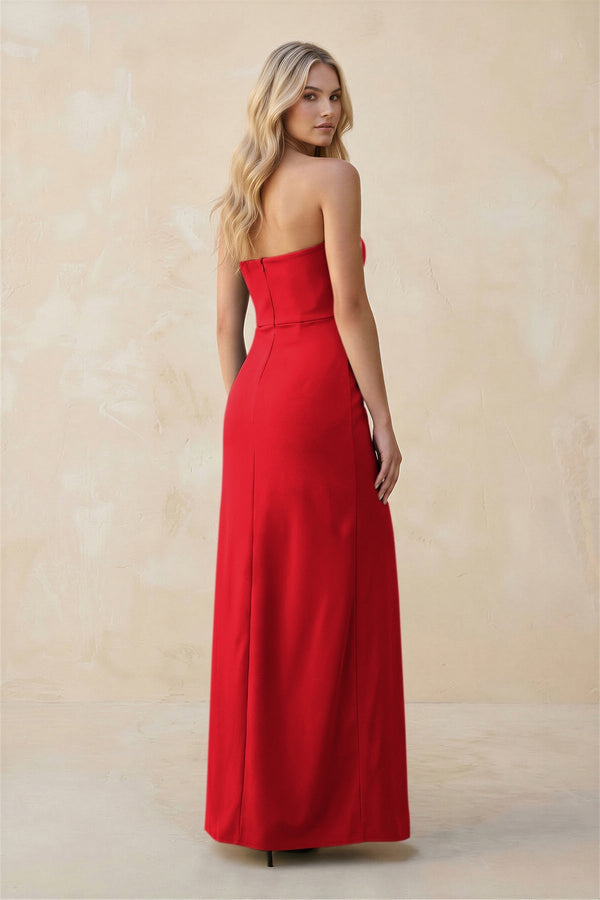 Strapless Sheath Satin Bridesmaid Dress With Slit in Ruby Red - KISS BRIDAL Bridesmaid Dresses
