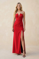 Strapless Sheath Satin Bridesmaid Dress With Slit in Ruby Red - KISS BRIDAL Bridesmaid Dresses