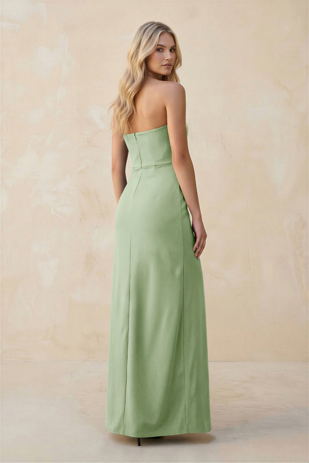 Strapless Sheath Satin Bridesmaid Dress With Slit in Sage - KISS BRIDAL Bridesmaid Dresses