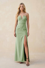Strapless Sheath Satin Bridesmaid Dress With Slit in Sage - KISS BRIDAL Bridesmaid Dresses