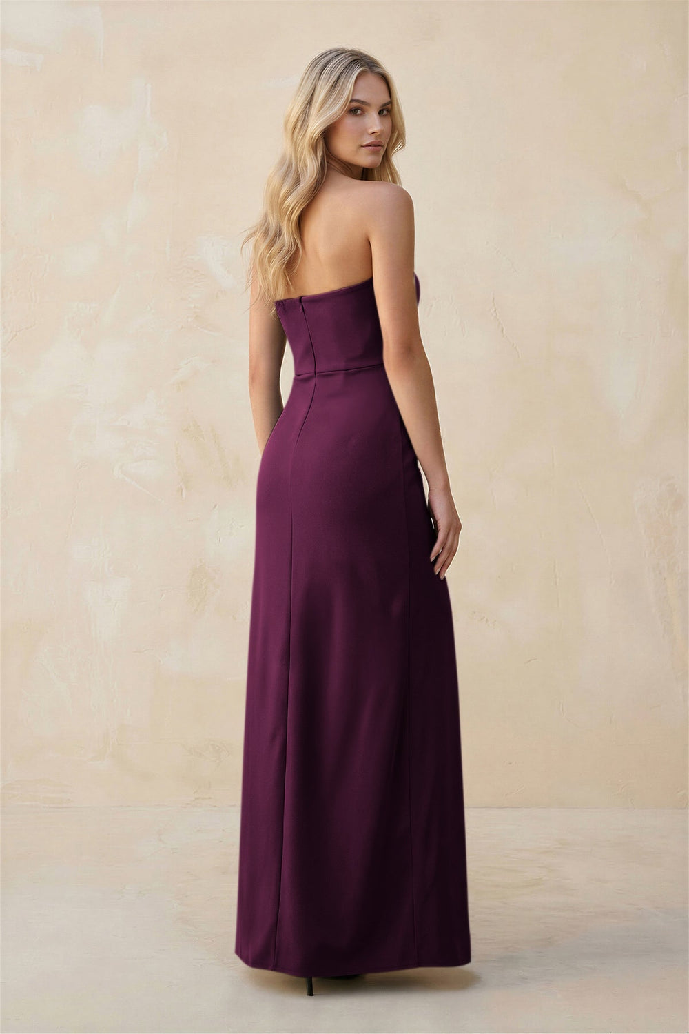 Strapless Sheath Satin Bridesmaid Dress With Slit in Sangria - KISS BRIDAL Bridesmaid Dresses