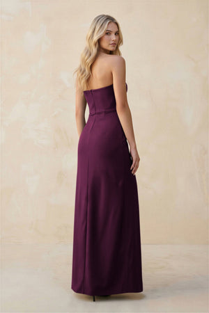 Strapless Sheath Satin Bridesmaid Dress With Slit in Sangria - KISS BRIDAL Bridesmaid Dresses