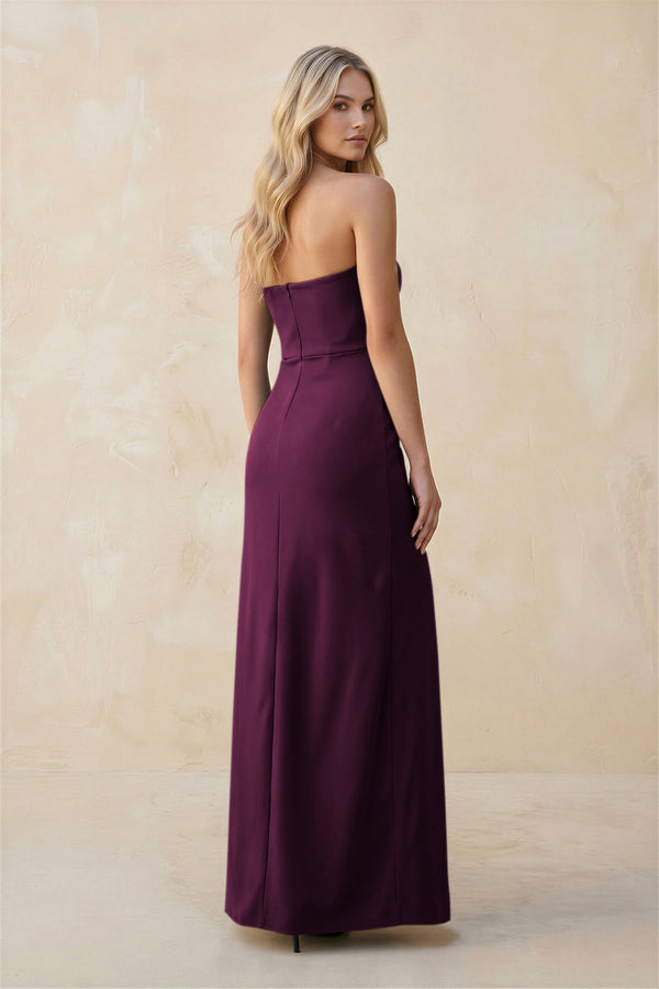 Strapless Sheath Satin Bridesmaid Dress With Slit in Sangria - KISS BRIDAL Bridesmaid Dresses