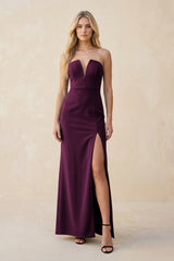 Strapless Sheath Satin Bridesmaid Dress With Slit in Sangria - KISS BRIDAL Bridesmaid Dresses