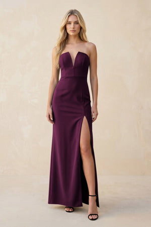 Strapless Sheath Satin Bridesmaid Dress With Slit in Sangria - KISS BRIDAL Bridesmaid Dresses
