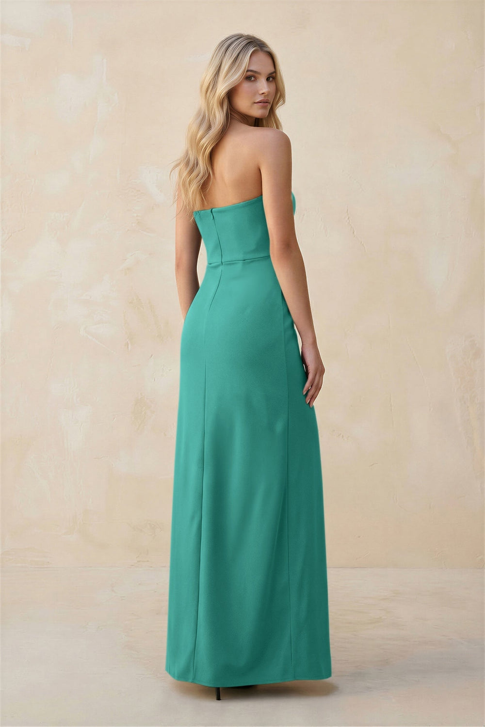 Strapless Sheath Satin Bridesmaid Dress With Slit in Sea Glass - KISS BRIDAL Bridesmaid Dresses