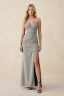 Strapless Sheath Satin Bridesmaid Dress With Slit in Silver - KISS BRIDAL Bridesmaid Dresses