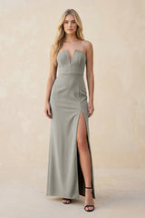 Strapless Sheath Satin Bridesmaid Dress With Slit in Silver - KISS BRIDAL Bridesmaid Dresses