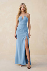 Strapless Sheath Satin Bridesmaid Dress With Slit in Sky Blue - KISS BRIDAL Bridesmaid Dresses