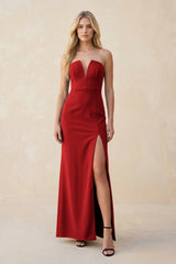 Strapless Sheath Satin Bridesmaid Dress With Slit in Spice - KISS BRIDAL Bridesmaid Dresses