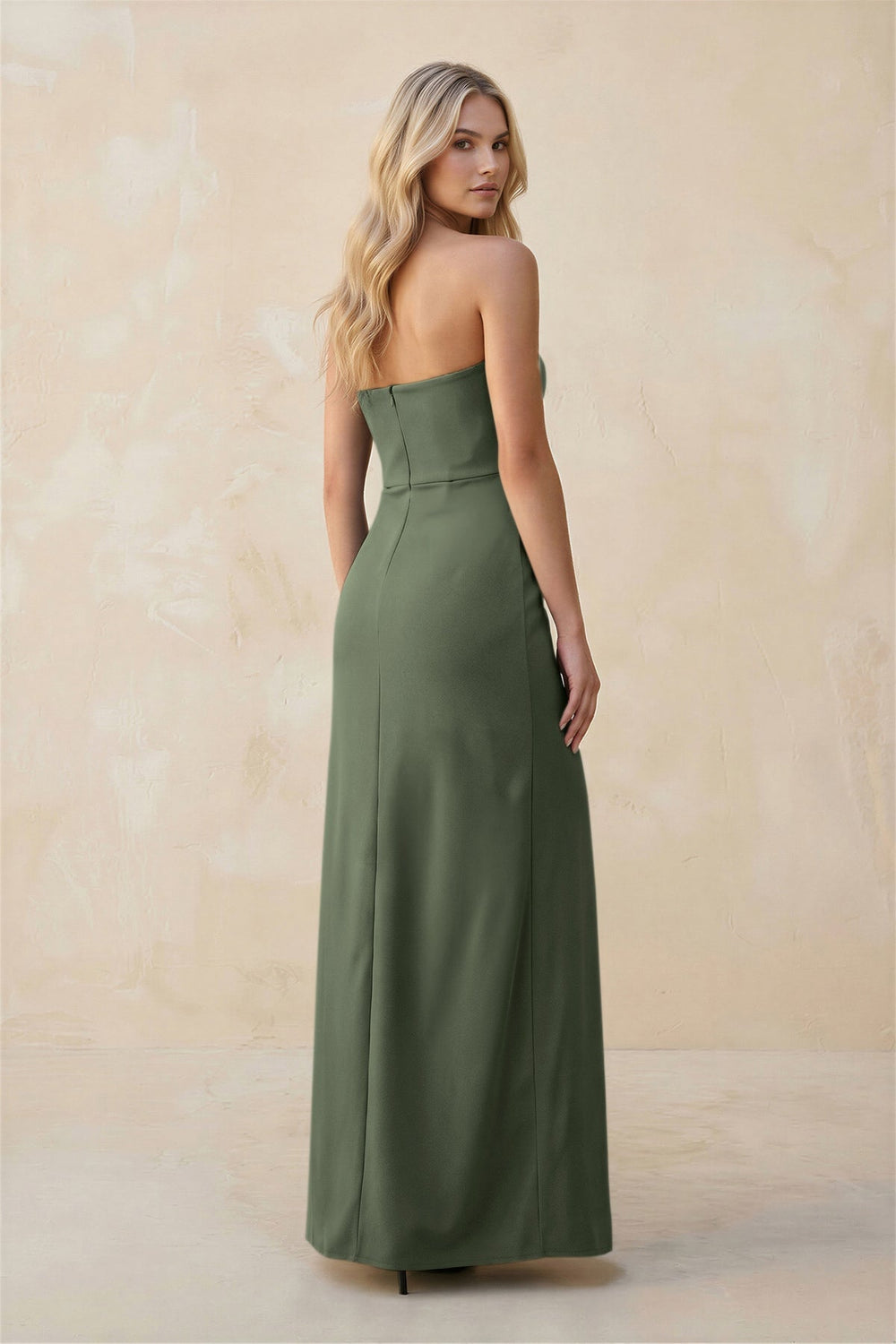 Strapless Sheath Satin Bridesmaid Dress With Slit in Thyme - KISS BRIDAL Bridesmaid Dresses