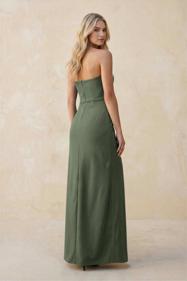 Strapless Sheath Satin Bridesmaid Dress With Slit in Thyme - KISS BRIDAL Bridesmaid Dresses