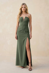 Strapless Sheath Satin Bridesmaid Dress With Slit in Thyme - KISS BRIDAL Bridesmaid Dresses