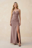 Strapless Sheath Satin Bridesmaid Dress With Slit in Toffee - KISS BRIDAL Bridesmaid Dresses
