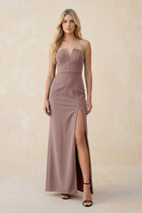 Strapless Sheath Satin Bridesmaid Dress With Slit in Toffee - KISS BRIDAL Bridesmaid Dresses