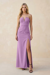 Strapless Sheath Satin Bridesmaid Dress With Slit in Vintage Mauve - KISS BRIDAL Bridesmaid Dresses