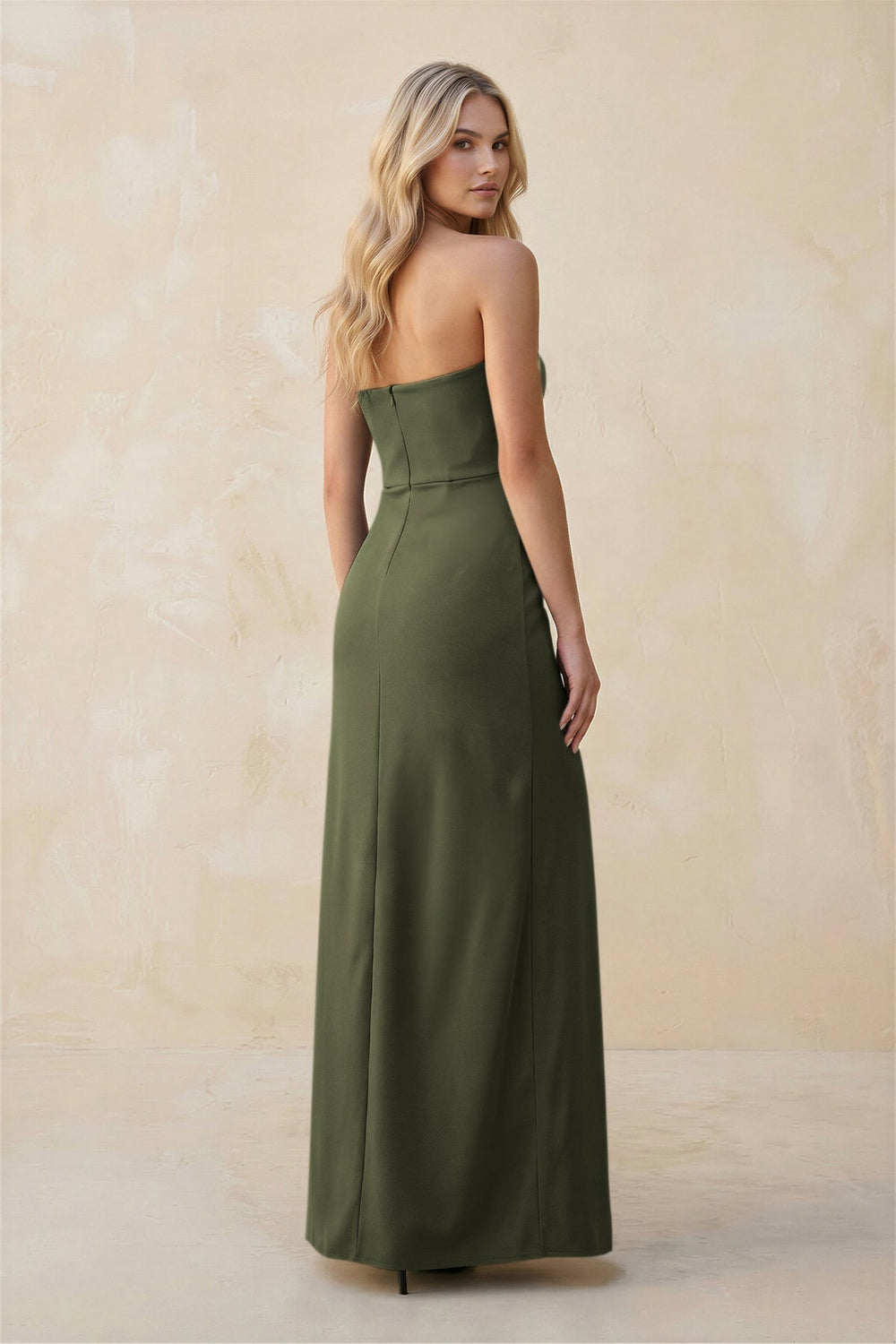 Strapless Sheath Satin Bridesmaid Dress With Slit in Willow Green - KISS BRIDAL Bridesmaid Dresses