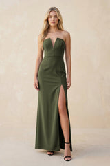 Strapless Sheath Satin Bridesmaid Dress With Slit in Willow Green - KISS BRIDAL Bridesmaid Dresses