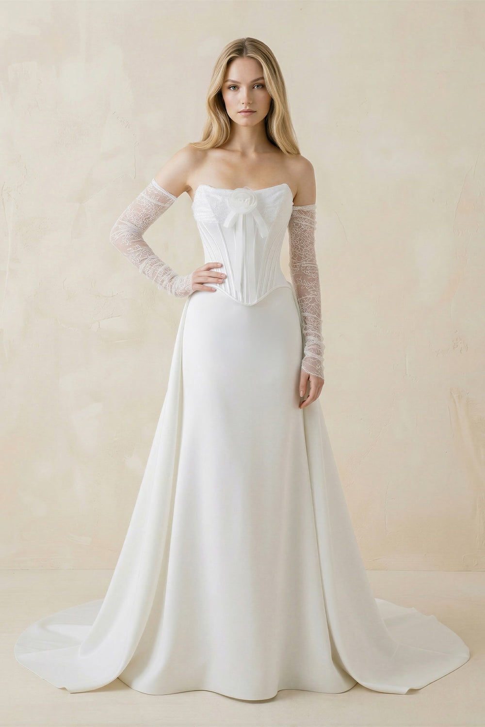 Strapless Sheath Satin Corset Wedding Dress With Detachable Sleeves in White - KISS BRIDAL Wedding Dresses