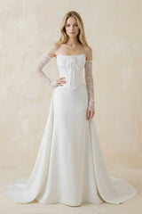 Strapless Sheath Satin Corset Wedding Dress With Detachable Sleeves in White - KISS BRIDAL Wedding Dresses