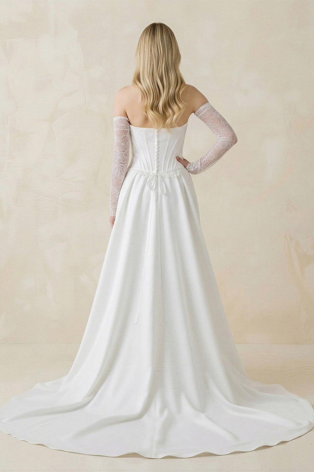 Strapless Sheath Satin Corset Wedding Dress With Detachable Sleeves in White - KISS BRIDAL Wedding Dresses