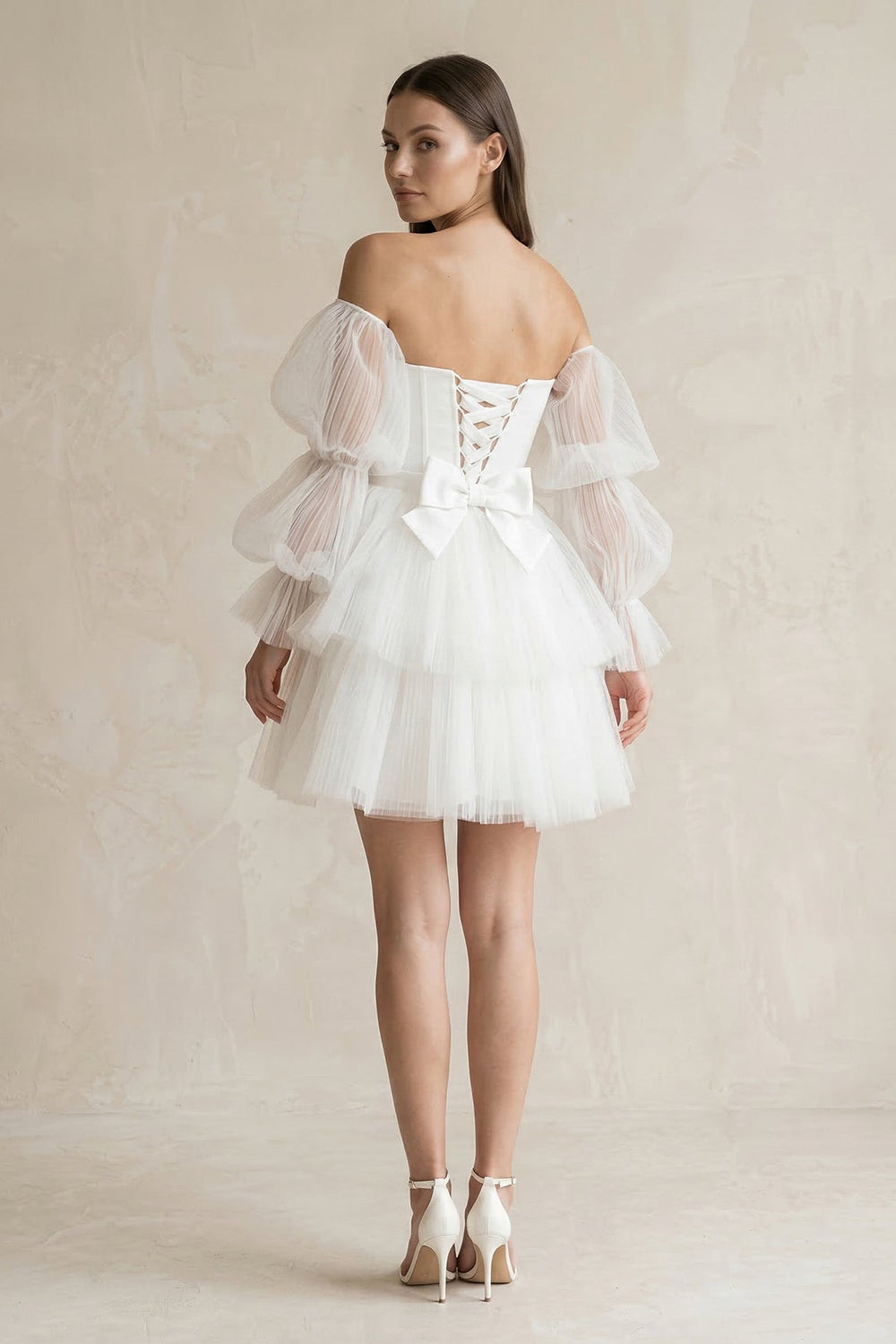 Strapless Tiered A - Line Tulle Mini Wedding Dress With Sleeves in White - KISS BRIDAL Wedding Dresses