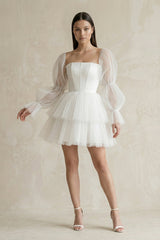Strapless Tiered A - Line Tulle Mini Wedding Dress With Sleeves in White - KISS BRIDAL Wedding Dresses