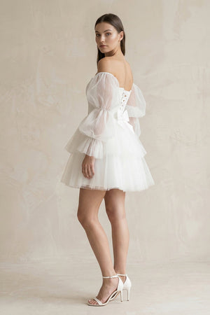 Strapless Tiered A - Line Tulle Mini Wedding Dress With Sleeves in White - SHE IS ME Wedding Dresses