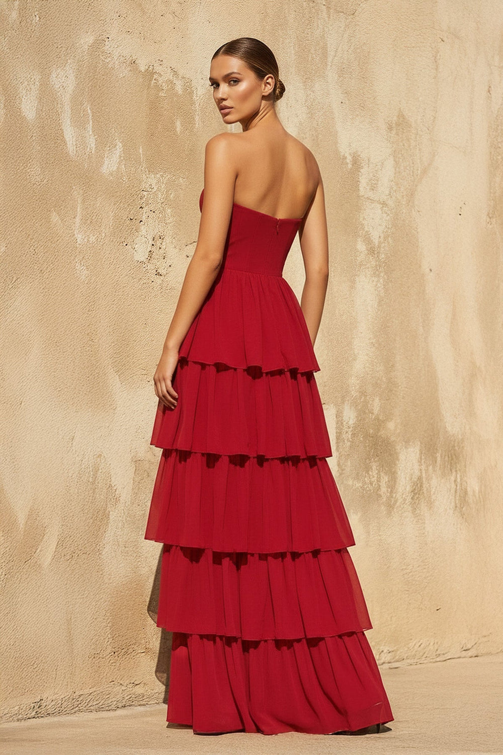 Strapless Tiered Maxi Dress in Red - SHE IS ME