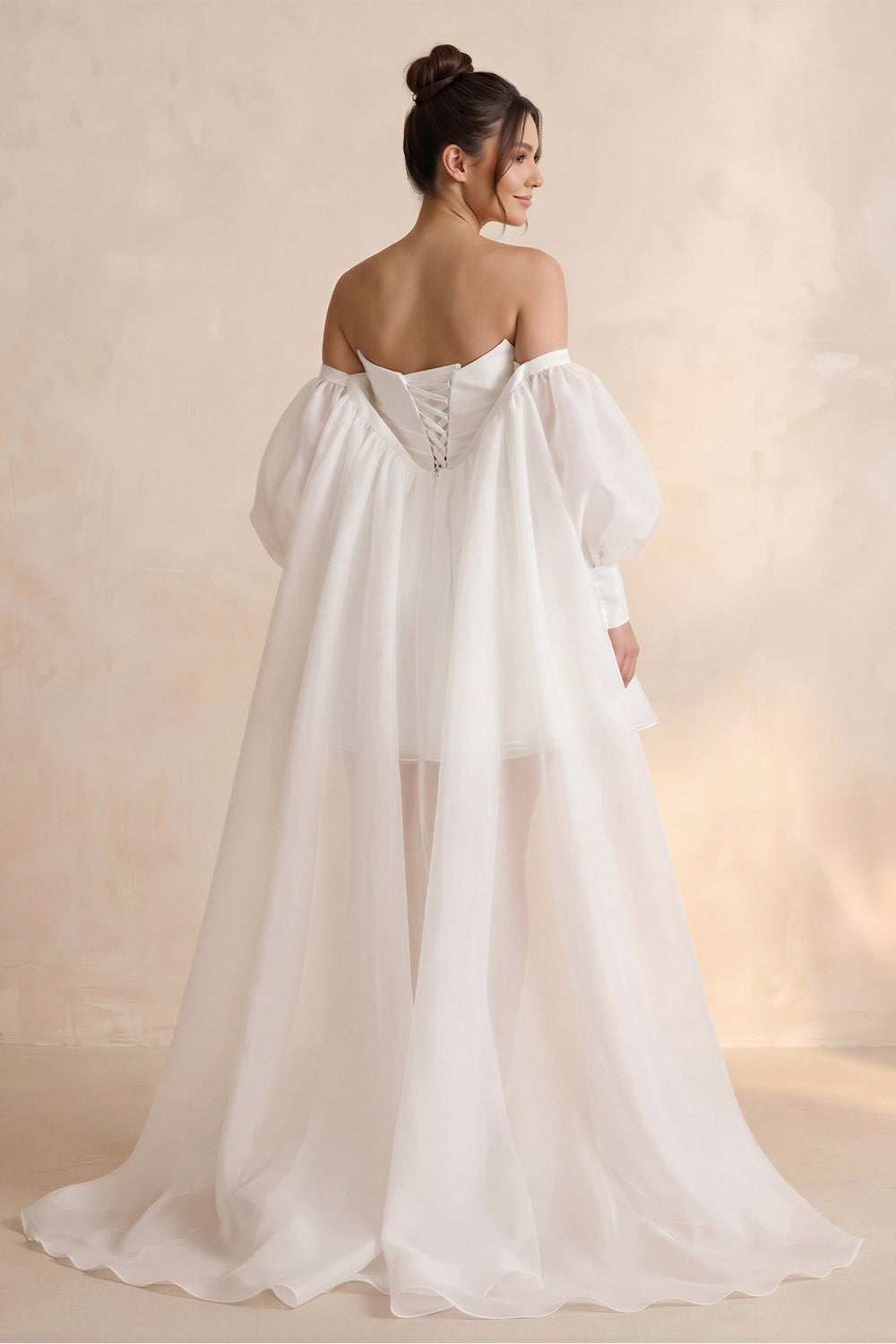 Strapless Tulle A - Line Mini Wedding Dress with Cape in White - KISS BRIDAL Wedding Dresses