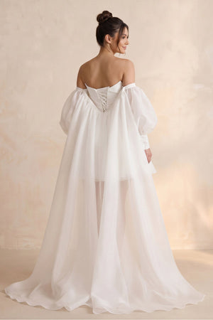 Strapless Tulle A - Line Mini Wedding Dress with Cape in White - SHE IS ME Wedding Dresses