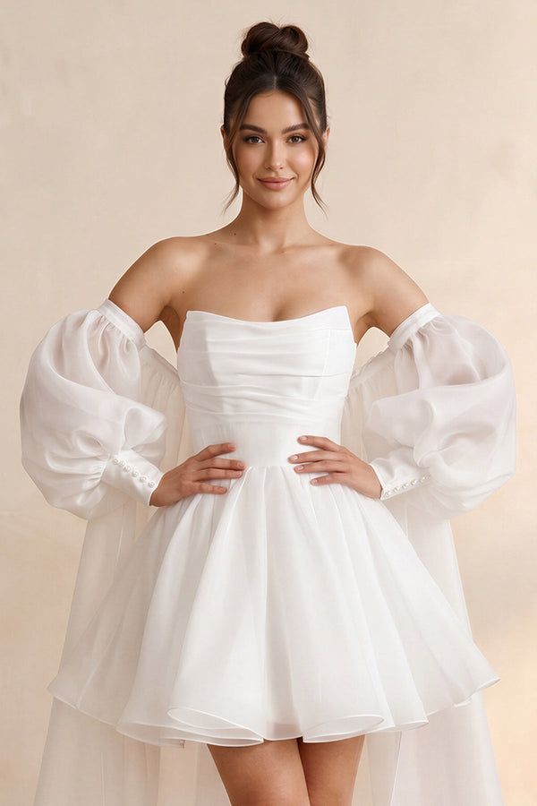 Strapless Tulle A - Line Mini Wedding Dress with Cape in White - SHE IS ME Wedding Dresses