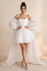 Strapless Tulle A - Line Mini Wedding Dress with Cape in White - KISS BRIDAL Wedding Dresses