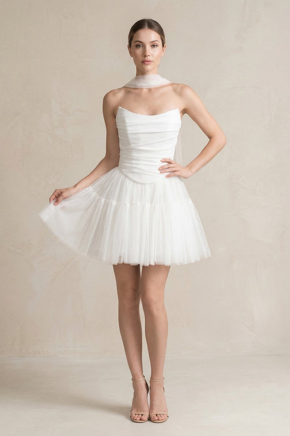 Strapless Tulle A - Line Ruched Mini Wedding Dress in White - SHE IS ME Wedding Dresses