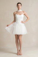 Strapless Tulle A - Line Ruched Mini Wedding Dress in White - SHE IS ME Wedding Dresses