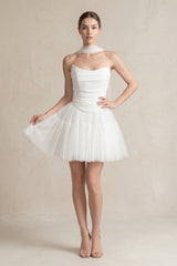 Strapless Tulle A - Line Ruched Mini Wedding Dress in White - KISS BRIDAL Wedding Dresses