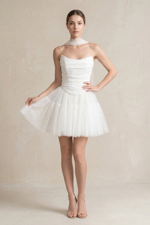 Strapless Tulle A - Line Ruched Mini Wedding Dress in White - SHE IS ME Wedding Dresses